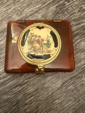 Antique Carved Bakelite Powder Box Jar Compact Hand Painted Bucolic Scene